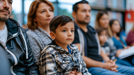 Fototapeta premium Asylum seeker family sitting quietly in courthouse waiting area before immigration hearing, worn travel documents clutched carefully, interpreter seated nearby, legal aid attorney reviewing case not