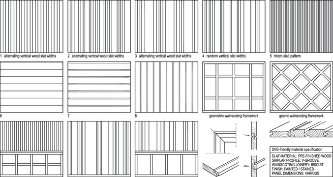 Wall paneling textures and wainscoting vector line icon set showing architectural wood slats and molding specifications