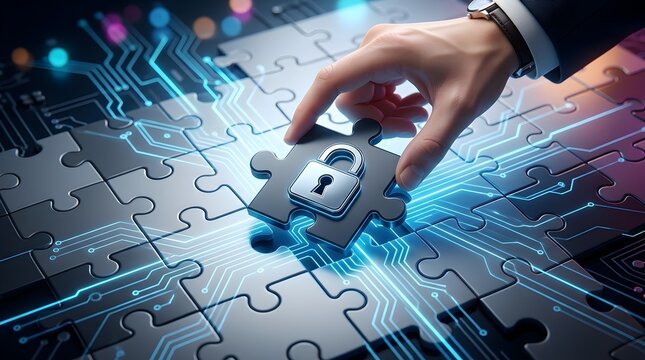 A hand places the final padlock puzzle piece onto a futuristic circuit board, representing advanced cybersecurity and data protection solutions.
