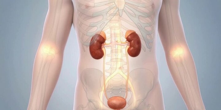 Visual representation of the human urinary system highlighting the kidneys and bladder, depicting internal anatomy and physiological processes within the torso