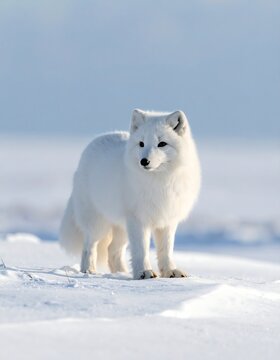 White arctic fox stands in snowy landscape