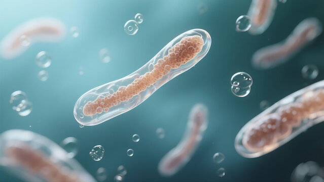 Professional medical illustration themed on amebiasis, a parasitic infectious disease triggered by amoeba protozoans invading human intestines and internal organs. It displays pathogenic mechanisms, c