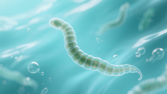 Professional medical illustration themed on amebiasis, a parasitic infectious disease triggered by amoeba protozoans invading human intestines and internal organs. It displays pathogenic mechanisms, c