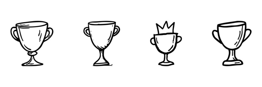 Trophy Cup Icons In Hand Drawn Style Set. Achievement And Award Doodle Sketch Collection. Perfect For Celebratory And Competitive Themes. Isolated Vector Illustration