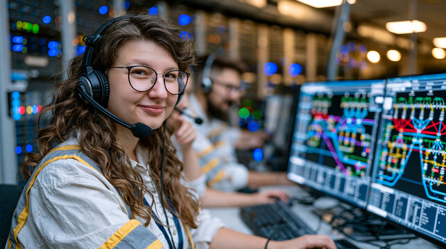 Electrical grid technician at a municipal utility control room managing a digital synoptic map of transmission substations during a demand surge event, colleagues in headsets coordinating behind, se