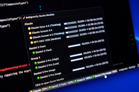 Poznan, Poland - February 9, 2026: Antigravity Quota Monitor interface displays model usage metrics and status bars on a dark screen, highlighting real-time artificial intelligence