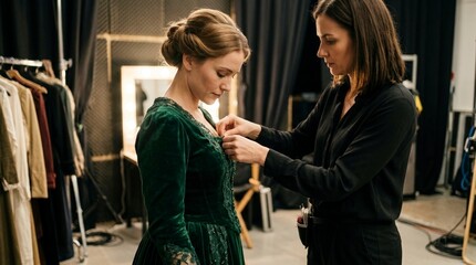Obraz premium Female actress receiving costume adjustment from wardrobe assistant. Woman in green velvet period dress preparing for role backstage. Behind the scenes of film production