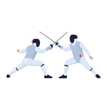 Two fencers in protective gear dueling with foils