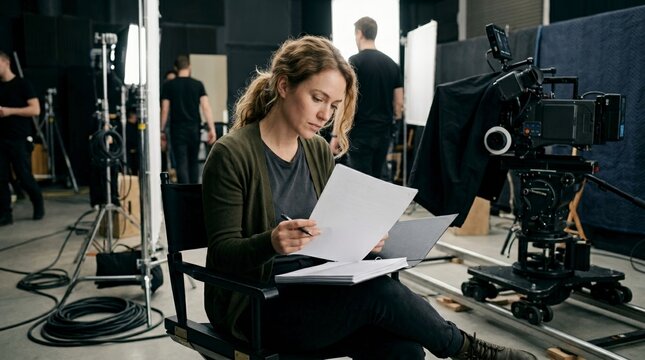 Female actress sitting in a director chair reading a script on a studio set. Behind the scenes of a movie production with cinema camera and crew