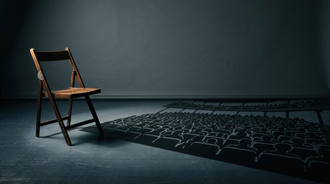 A single wooden folding chair casting a long shadow of a full theatre audience onto a dark studio floor for performing arts and cultural event marketing