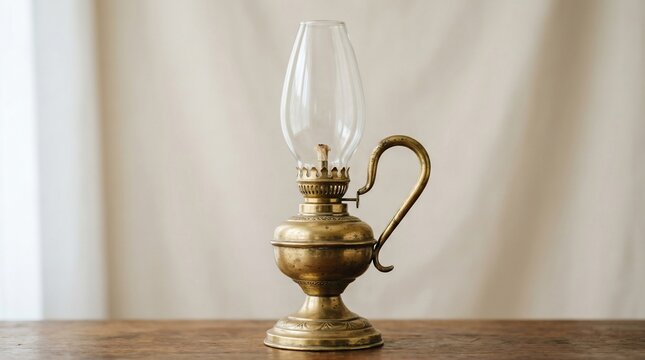 Vintage brass kerosene lamp on wooden table