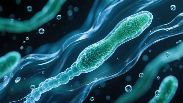 Professional medical illustration themed on amebiasis, a parasitic infectious disease triggered by amoeba protozoans invading human intestines and internal organs. It displays pathogenic mechanisms, c