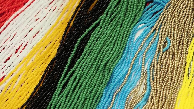 A smooth pan across neatly arranged rows of colorful beads used for traditional-style beadwork, showcasing texture, color variation, and craftsmanship preparation.