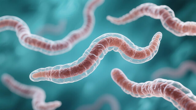 Professional medical illustration themed on amebiasis, a parasitic infectious disease triggered by amoeba protozoans invading human intestines and internal organs. It displays pathogenic mechanisms, c