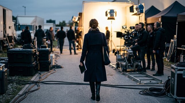 Rear view of actress walking toward an outdoor movie set at twilight. Film crew and camera equipment illuminated by bright studio lights