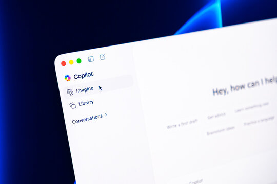 Poznan, Poland - February 9, 2026: Microsoft Copilot interface on a computer screen showing generative AI menu options for creative tasks in a modern digital productivity workspace