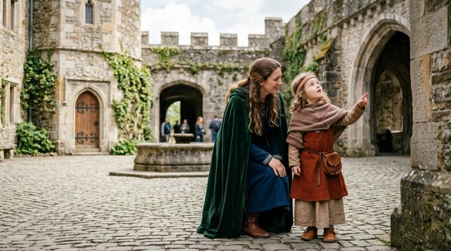 Adult woman and young girl in medieval historical costumes exploring a stone castle. Child pointing upwards in a cobblestone courtyard
