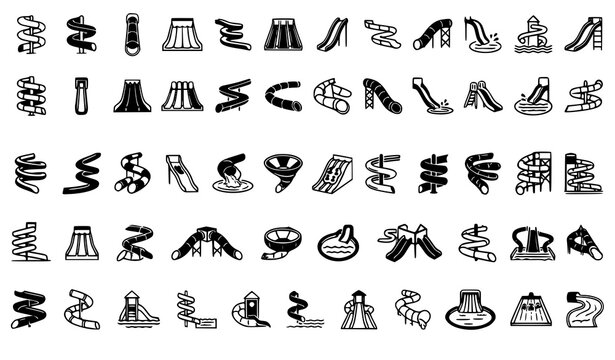 Professional Water Slide Vector Collection with Water Park Aquatic Attraction Outline Icons
