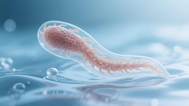 Professional medical illustration themed on amebiasis, a parasitic infectious disease triggered by amoeba protozoans invading human intestines and internal organs. It displays pathogenic mechanisms, c