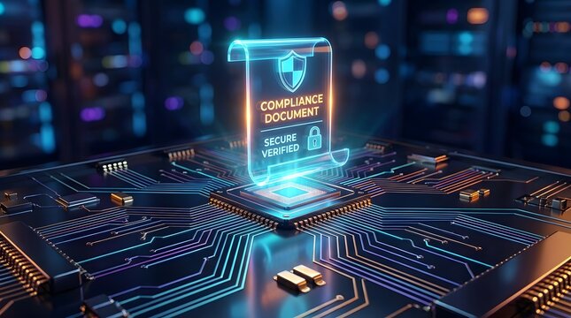 Futuristic glowing holographic compliance document with secure verification, prominently displayed over a digital circuit board and microchip.