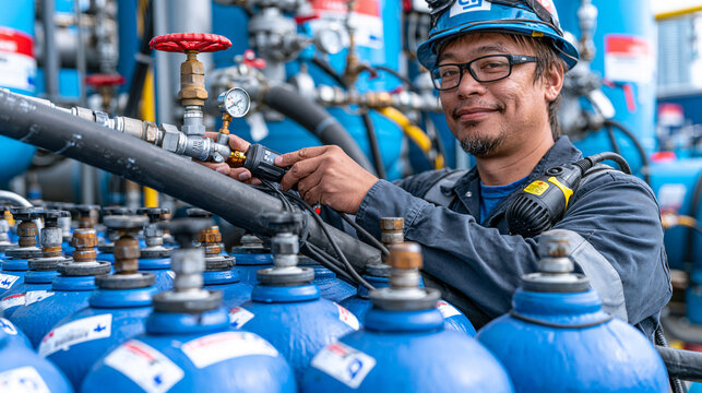 Green hydrogen pilot plant technician calibrating a pressure relief valve on a high-pressure storage tank array, hard hat and gas detection equipment worn, a row of blue hydrogen cylinders staged fo