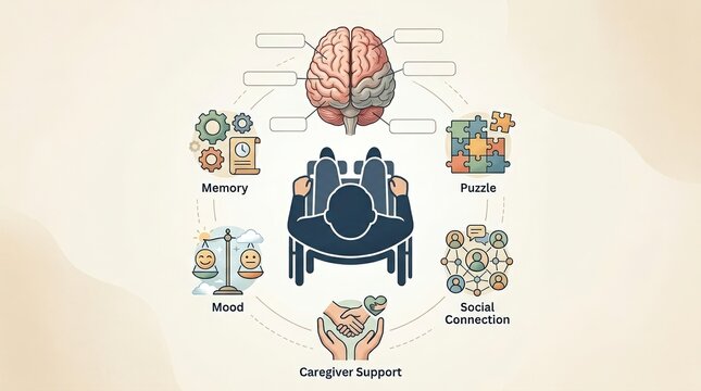 Cognitive health and patient care infographic illustration. Brain diagram with memory, puzzle, mood, social connection, and caregiver support icons. Dementia and mental wellness concept
