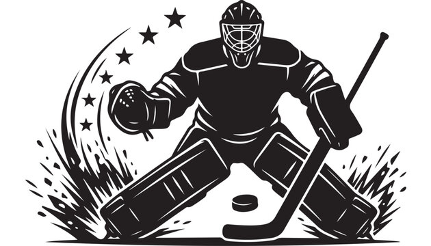 Ice hockey goalie vector illustration, professional goaltender in action pose with stars, black and white sports mascot graphic for team logos