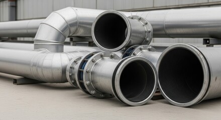 Fototapeta premium Industrial Metal Pipeline Components Ready for Assembly in a Facility