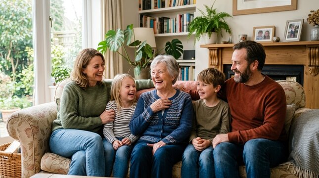 Multi-generational family laughing together on a sofa in a cozy living room. Happy grandmother with her children and grandchildren at home