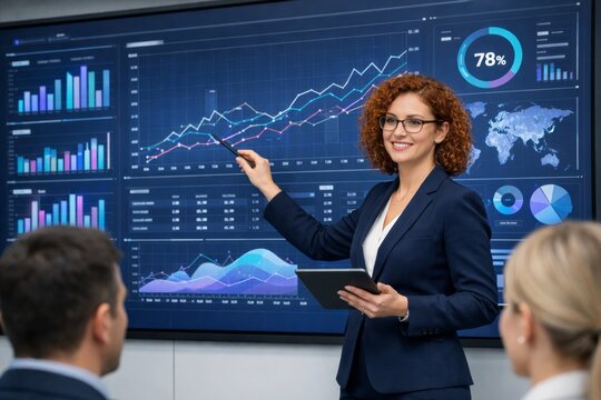 Business analyst presenting data to team in meeting room. Ai generative