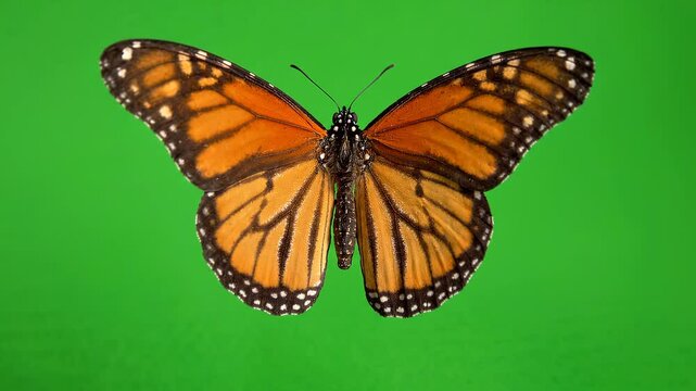 Stunning Monarch Butterfly Flying Against a Solid Green Background.