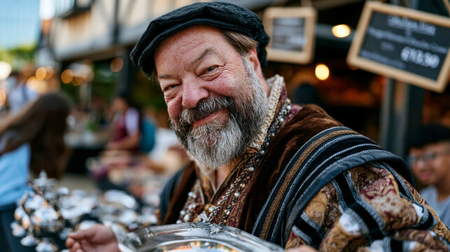 Living history market reenactor in authentic Tudor merchant costume haggling with visitor over replica pewterware at open-air heritage fair, timber-framed market stalls behind him, hand-lettered pri