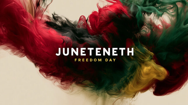 Juneteenth freedom day event banner featuring thick artistic swirling smoke layers in red black green and gold color palette.