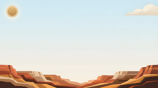 Panoramic view of a desert canyon landscape under a bright sunny sky illustration