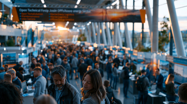 Offshore wind sector job fair attendees filling a convention hall, maritime workers and engineers reviewing recruitment stands for installation, maintenance, and marine logistics roles, a banner ove