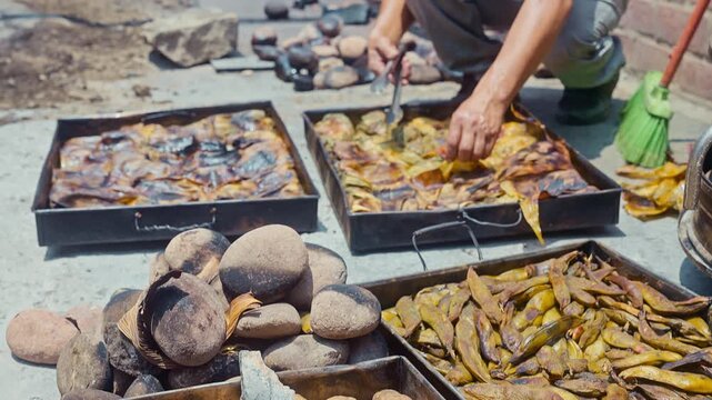 Traditional Peruvian Pachamanca Ancestral Cooking with Hot Stones and Fava Beans