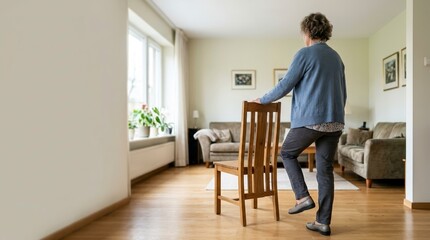 Fototapeta premium Older woman performing balance exercise with chair at home. Senior fitness and active aging concept