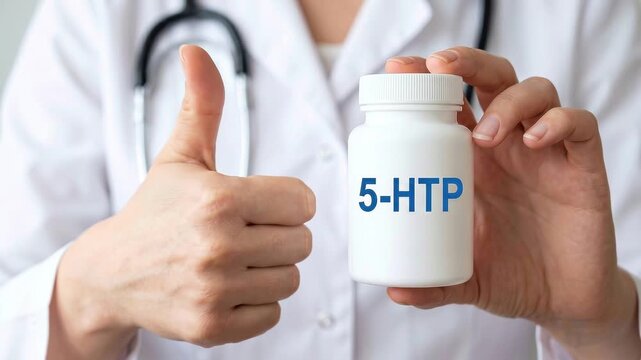 Doctor in a white coat with a stethoscope holding white bottle of 5-HTP supplement, giving thumbs up and pointing finger. Mood support, serotonin boost, better sleep, mental wellness