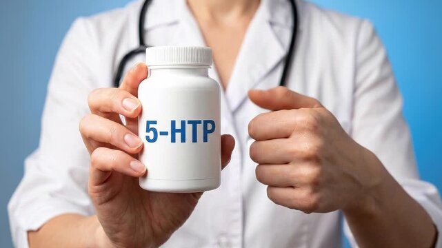 Doctor in a white coat with a stethoscope holding white bottle of 5-HTP supplement, giving thumbs up and pointing finger. Mood support, serotonin boost, better sleep, mental wellness. Blue background