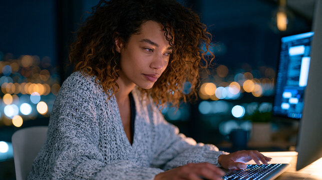 Night-shift paralegal illuminated by monitor reviewing thousands of electronically produced documents applying relevance codes, privilege log maintenance, discovery deadline pressure, e-discovery pl