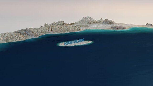 Kish Island, Iran 3D Terrain Topography Map and Coastline Animation 4K Horizontal