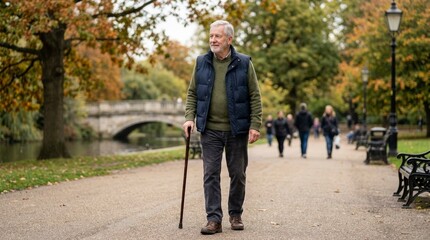 Obraz premium Senior man walking with a cane in an autumn park. Mature male strolling along a path near a stone bridge. Active lifestyle and mobility in retirement