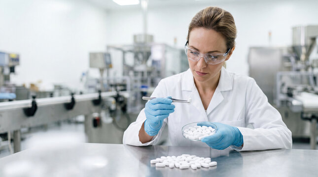 Professional scientist inspecting pharmaceutical tablets in a sterile manufacturing environment with softly blurred production equipment.