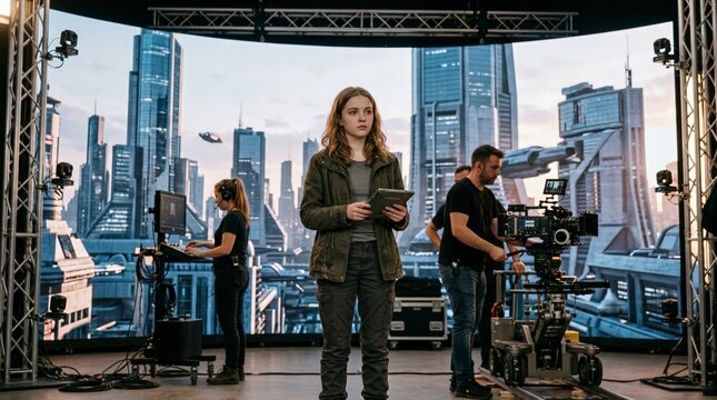 Teenage actress on LED stage in virtual production studio. Film crew shooting sci-fi movie with futuristic city background. High tech filmmaking technology