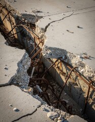 Fototapeta premium Broken concrete seawall with exposed rusted rebar and structural damage from coastal erosion for engineering and climate change reports