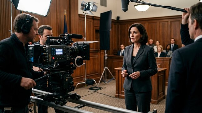 Actress playing a lawyer delivering dialogue in a courtroom scene. Behind the scenes of a legal drama movie production