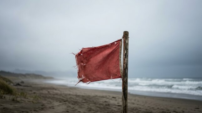 Weathered red warning flag on a wooden pole at a stormy beach, showing frayed sun-bleached fabric and a moody overcast sky for coastal safety and hurricane awareness themes