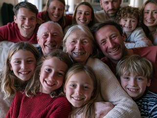 Obraz premium A large multigenerational family with grandparents and children poses for a joyful portrait in a bright living room for lifestyle and holiday media