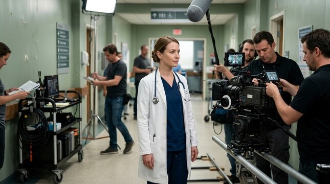 Actress playing a doctor on a hospital drama film set. Behind the scenes of a medical television production with camera crew and equipment