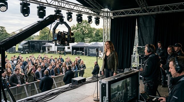 Actress performing on an outdoor concert stage film set. Behind the scenes of a music festival movie production with camera crane and crowd